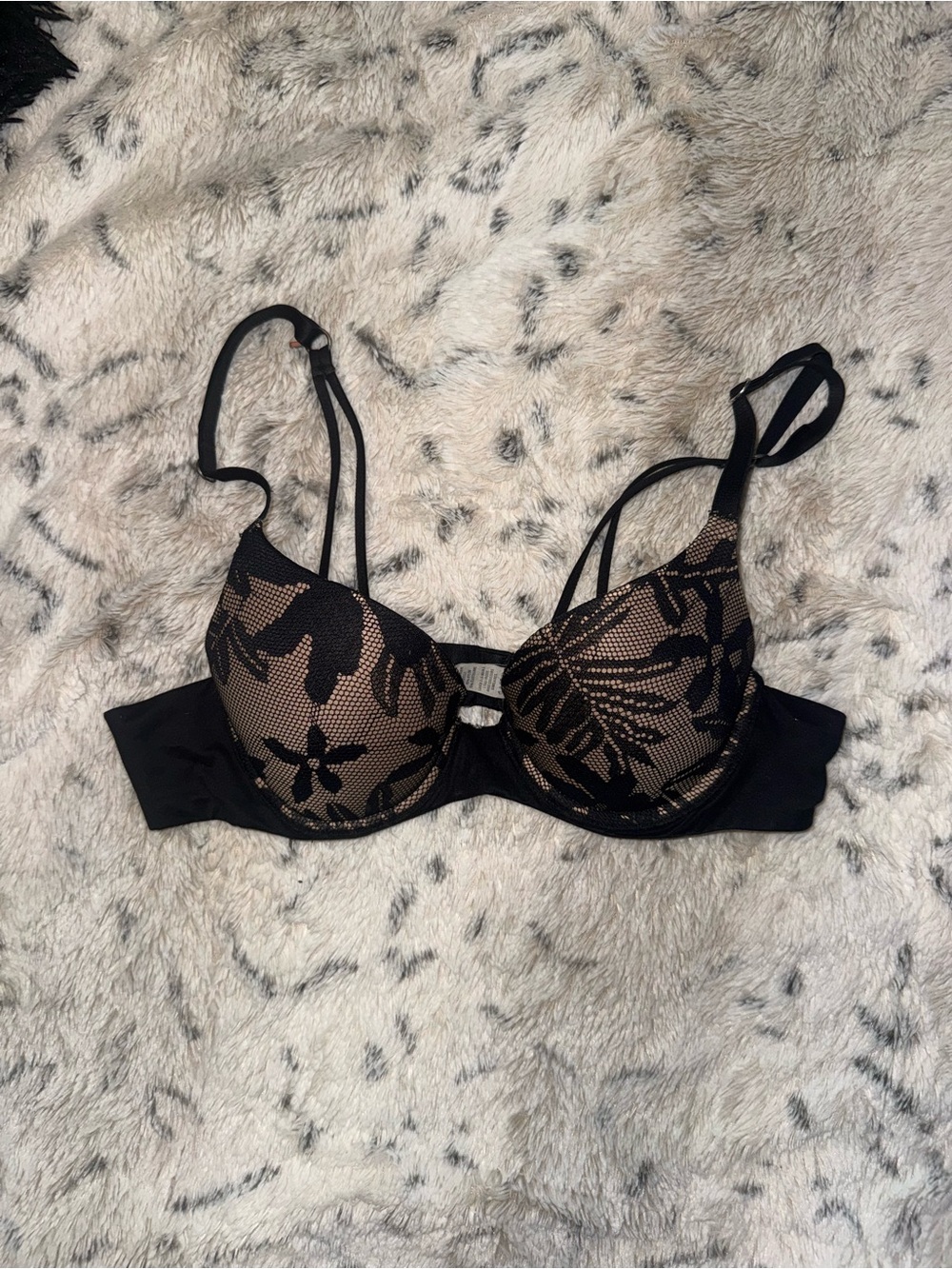 aerie Black Lace Floral Push-Up Bra with Nude Lining